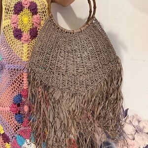 New VanDarko Woven Fringe Tan Handbag rattan straw tote with bamboo handle